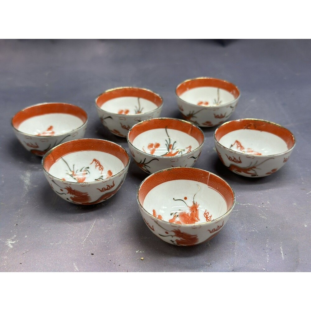 Red Dragon Chinese Republic Period Small Sauce Salts Bowls Dainty 7